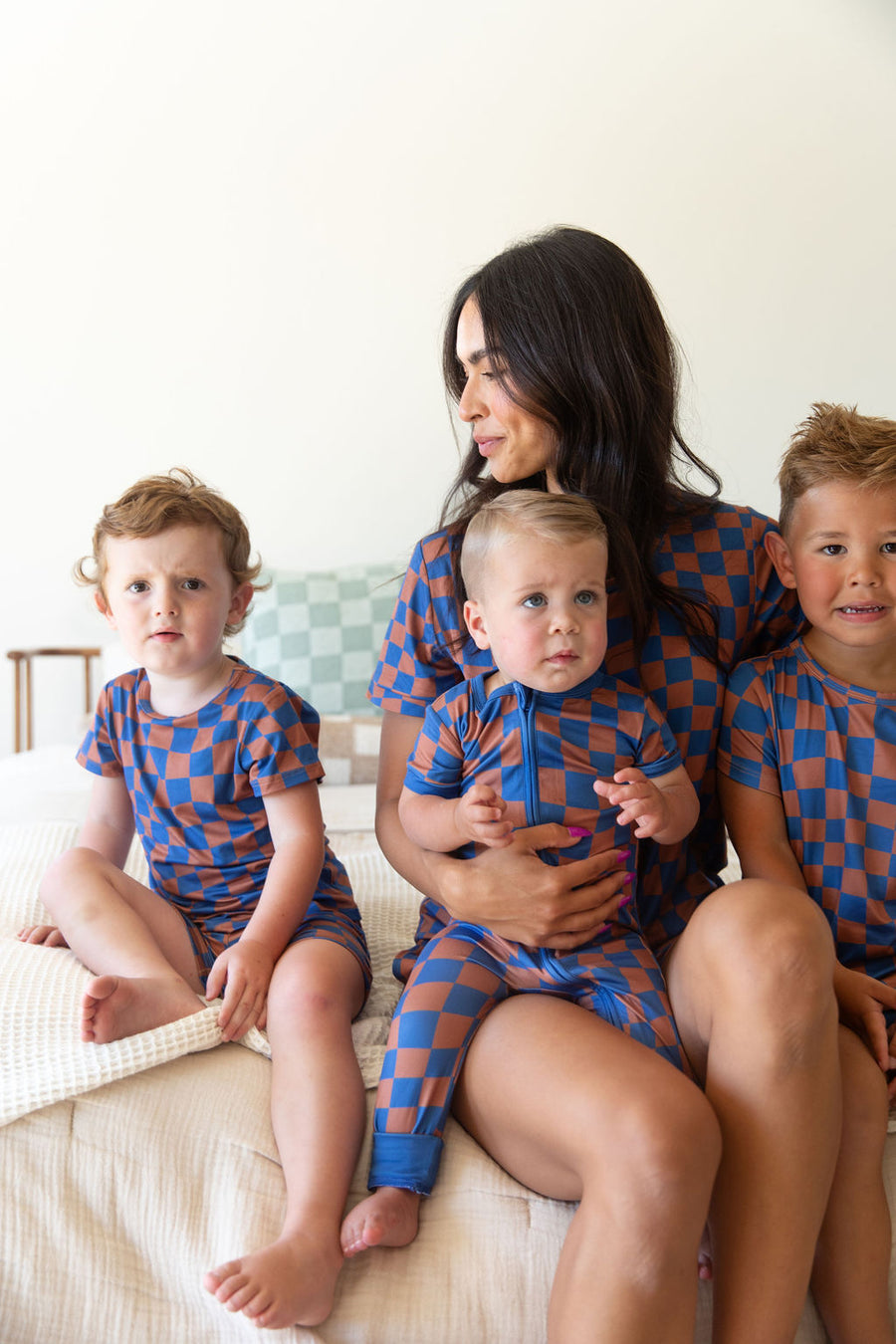 BROWN + ROYAL BLUE WAVY CHECKER | NEW* SHORT SLEEVE ZIPPER ONE PIECE