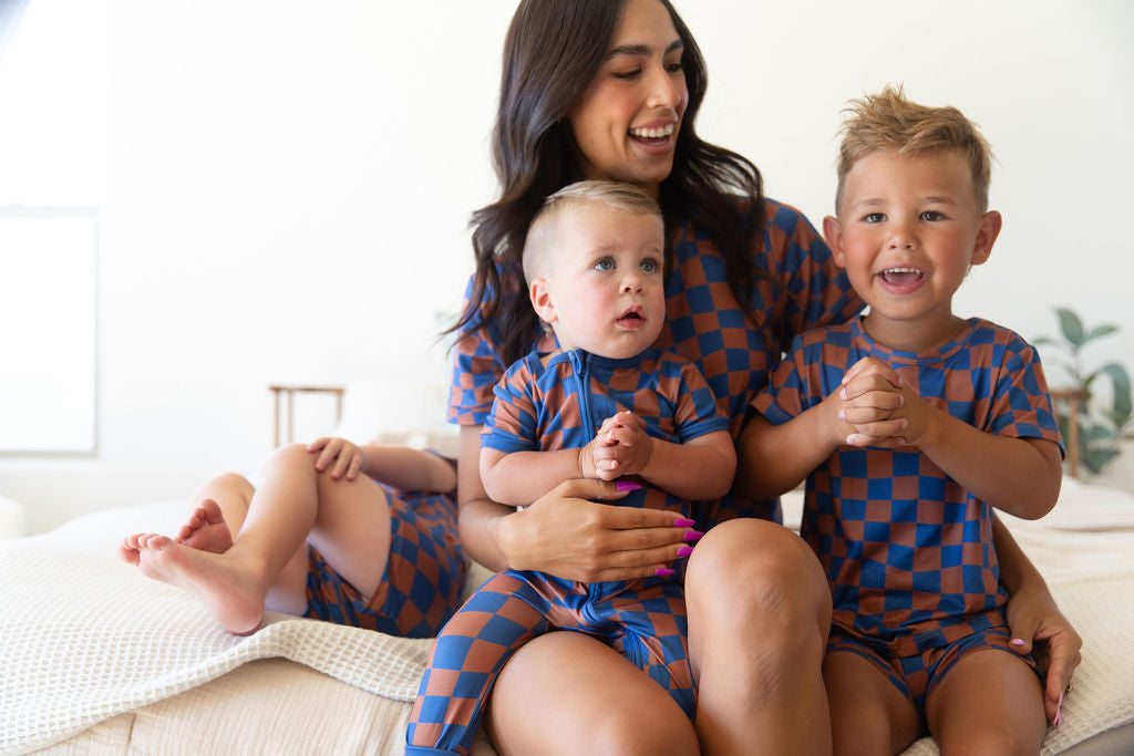 BROWN + ROYAL BLUE WAVY CHECKER | NEW* SHORT SLEEVE ZIPPER ONE PIECE