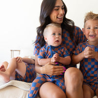 BROWN + ROYAL BLUE WAVY CHECKER | NEW* SHORT SLEEVE ZIPPER ONE PIECE