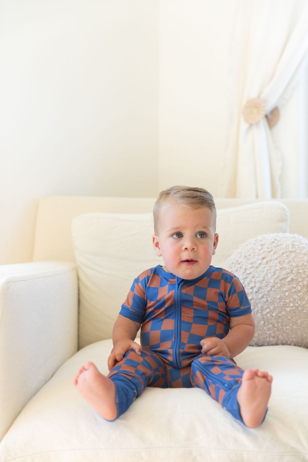 BROWN + ROYAL BLUE WAVY CHECKER | NEW* SHORT SLEEVE ZIPPER ONE PIECE