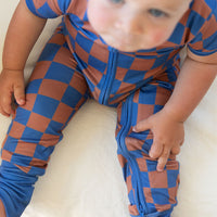 BROWN + ROYAL BLUE WAVY CHECKER | NEW* SHORT SLEEVE ZIPPER ONE PIECE