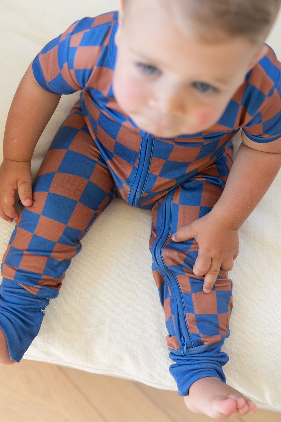 BROWN + ROYAL BLUE WAVY CHECKER | NEW* SHORT SLEEVE ZIPPER ONE PIECE