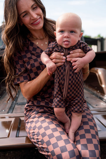 BLACK + BROWN MINI CHECKER | SHORT ZIPPER ONE PIECE
