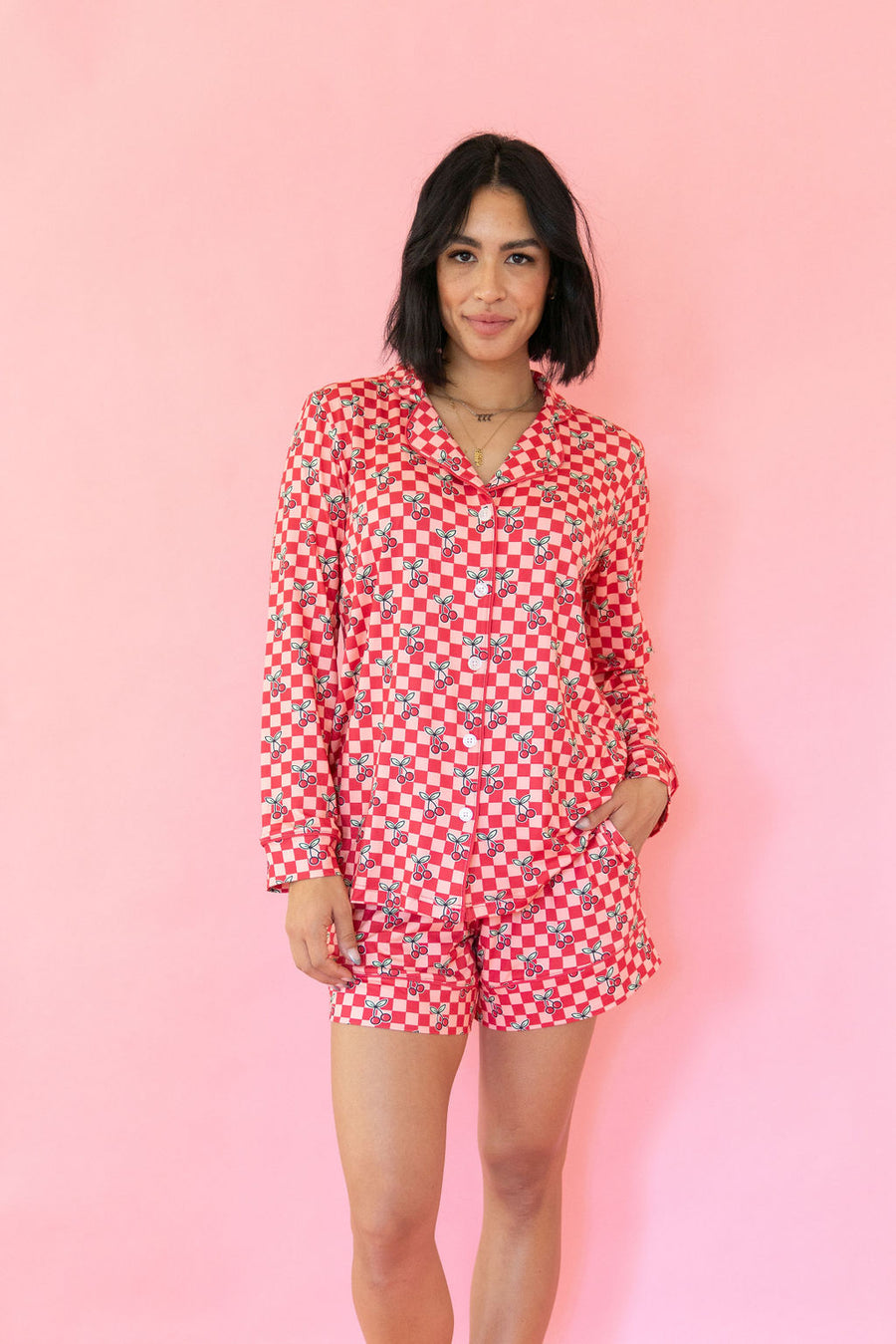 CHERRY CHECKER | NEW* WOMEN'S LONG SLEEVE SHORTS SET