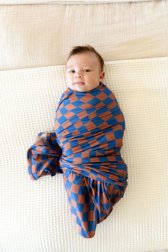 BROWN + ROYAL BLUE WAVY CHECKER | SWADDLE